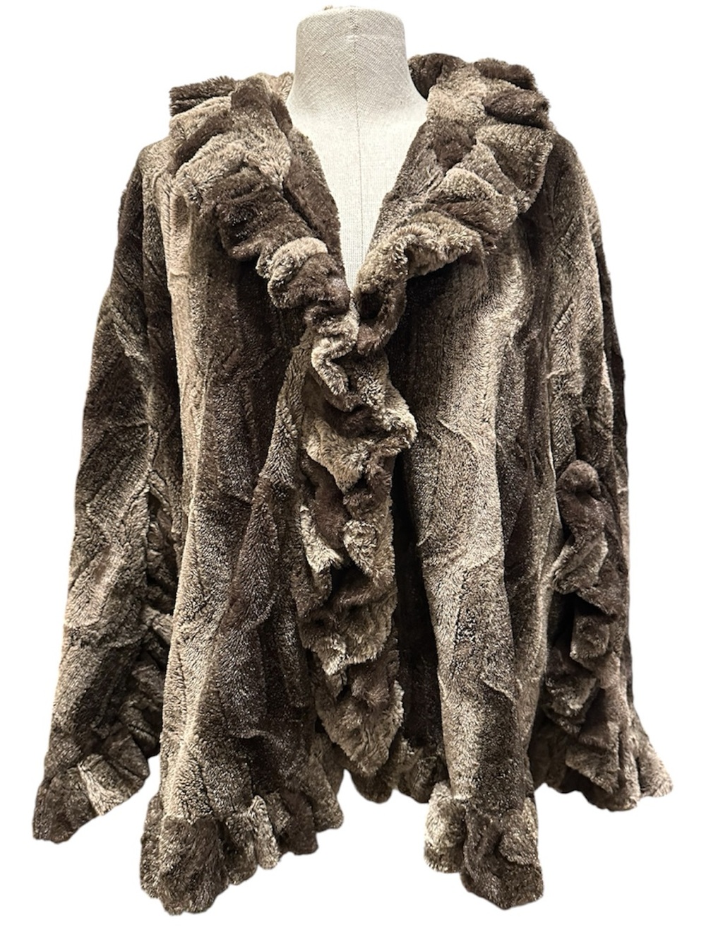 Ashley Stewart Damselle New York brown faux fur ruffled jacket size 22/24